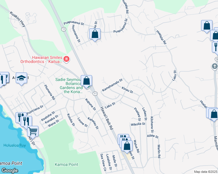map of restaurants, bars, coffee shops, grocery stores, and more near 76 Kamehamalu Street in Kailua-Kona
