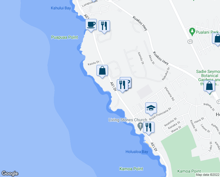 map of restaurants, bars, coffee shops, grocery stores, and more near 75-6092 Ali‘i Drive in Kailua-Kona
