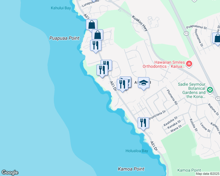 map of restaurants, bars, coffee shops, grocery stores, and more near 75-6106 Alii Drive in Kailua-Kona