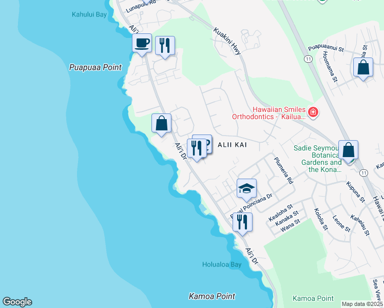map of restaurants, bars, coffee shops, grocery stores, and more near 75-6100 Ali‘i Drive in Kailua-Kona