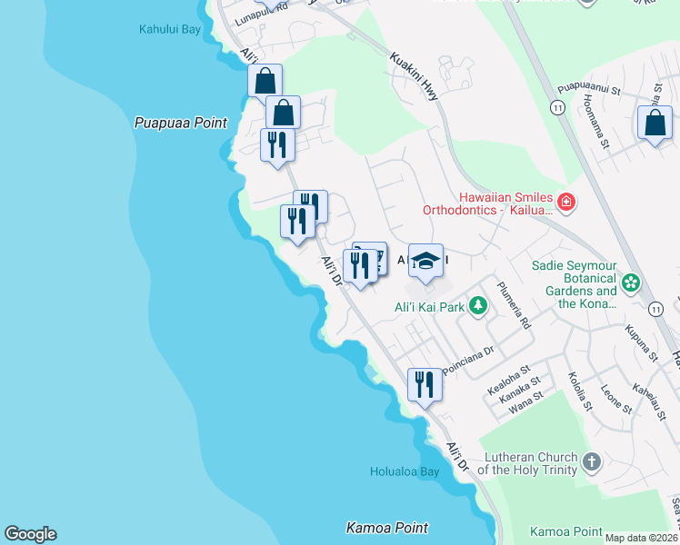 map of restaurants, bars, coffee shops, grocery stores, and more near 75-3566 Leialiʻi Loop in Kailua-Kona