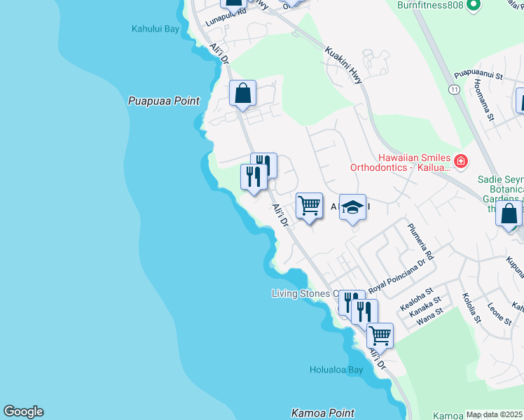 map of restaurants, bars, coffee shops, grocery stores, and more near 75-6100 Alii Drive in Kailua-Kona