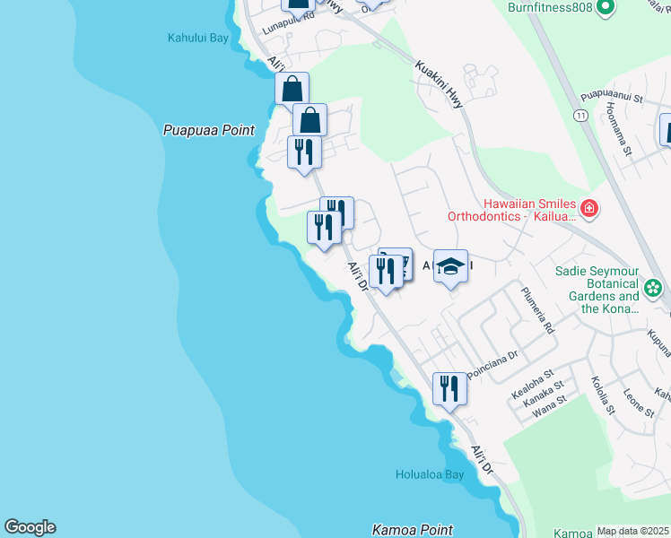 map of restaurants, bars, coffee shops, grocery stores, and more near 75-6092 Ali‘i Drive in Kailua-Kona