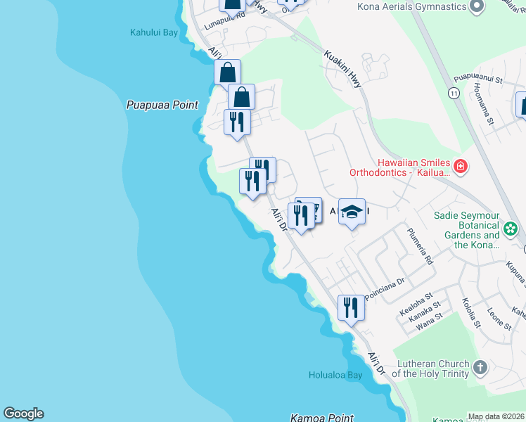 map of restaurants, bars, coffee shops, grocery stores, and more near 75-6092 Ali‘i Drive in Kailua-Kona