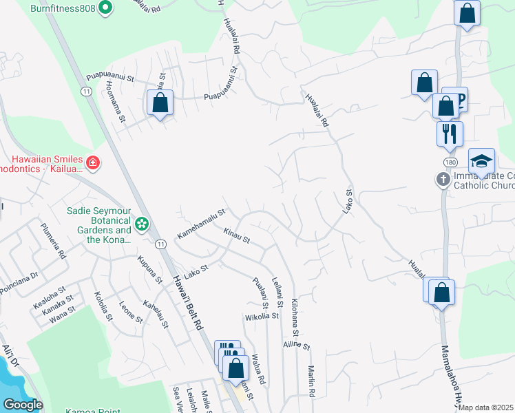 map of restaurants, bars, coffee shops, grocery stores, and more near 76-4301 Liholiho Place in Kailua-Kona