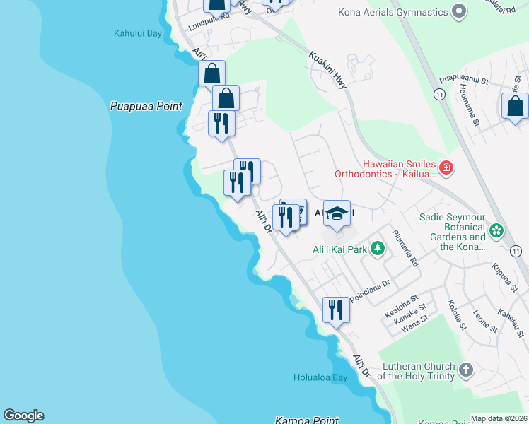 map of restaurants, bars, coffee shops, grocery stores, and more near 75-6100 Ali‘i Drive in Kailua-Kona