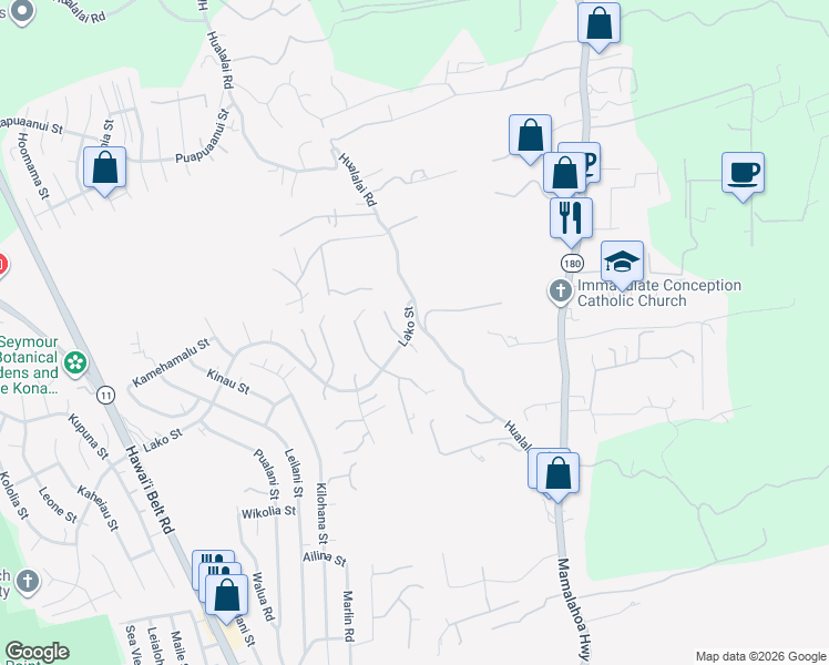 map of restaurants, bars, coffee shops, grocery stores, and more near 76-996 South Pakalakala Place in Kailua-Kona