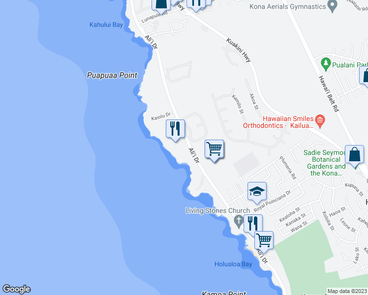 map of restaurants, bars, coffee shops, grocery stores, and more near 75-6100 Ali'i Drive in Kailua-Kona