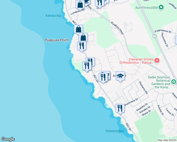 map of restaurants, bars, coffee shops, grocery stores, and more near 75-6082 Alii Drive in Kailua-Kona