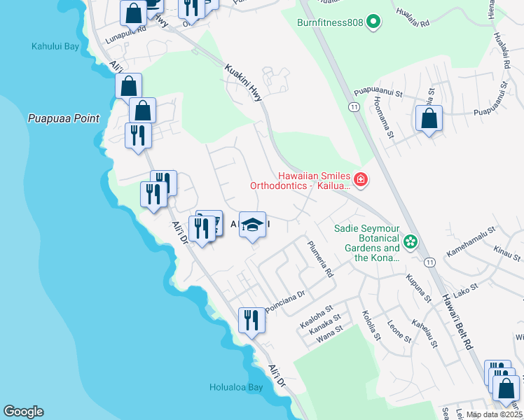 map of restaurants, bars, coffee shops, grocery stores, and more near 75-179 Kamilo Street in Kailua-Kona