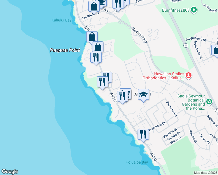 map of restaurants, bars, coffee shops, grocery stores, and more near 14 Alii Drive in Kailua-Kona