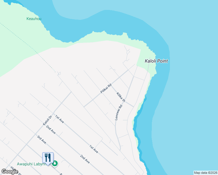 map of restaurants, bars, coffee shops, grocery stores, and more near 15-1057 Pilikai Road in Keaau