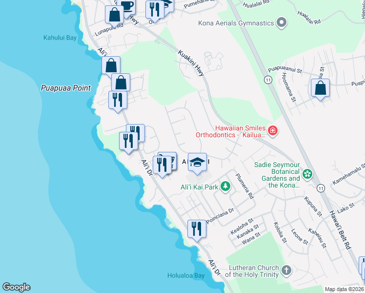 map of restaurants, bars, coffee shops, grocery stores, and more near 75-6155 Nakukui Drive in Kailua-Kona