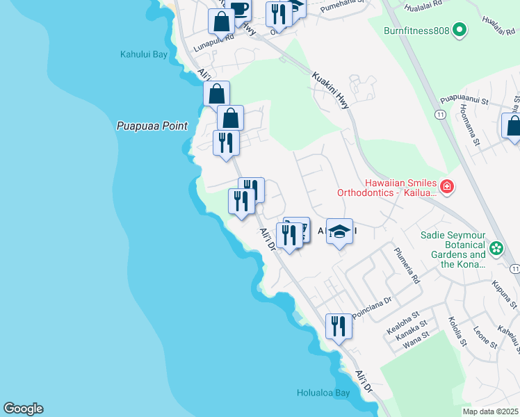 map of restaurants, bars, coffee shops, grocery stores, and more near 75-6082 Ali'i Drive in Kailua-Kona