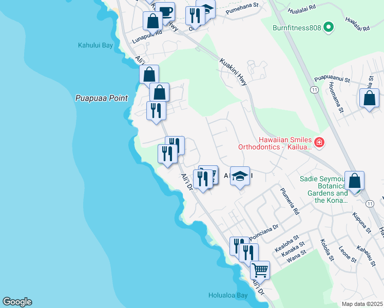 map of restaurants, bars, coffee shops, grocery stores, and more near 756081 Alii Drive in Kailua-Kona