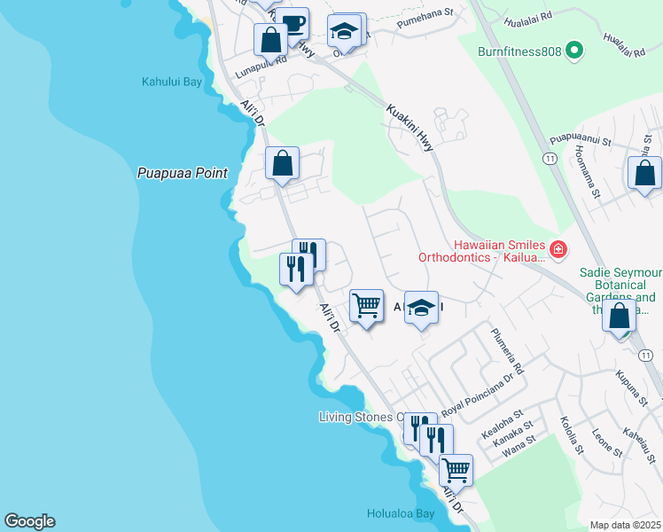 map of restaurants, bars, coffee shops, grocery stores, and more near 756081 Alii Drive in Kailua-Kona