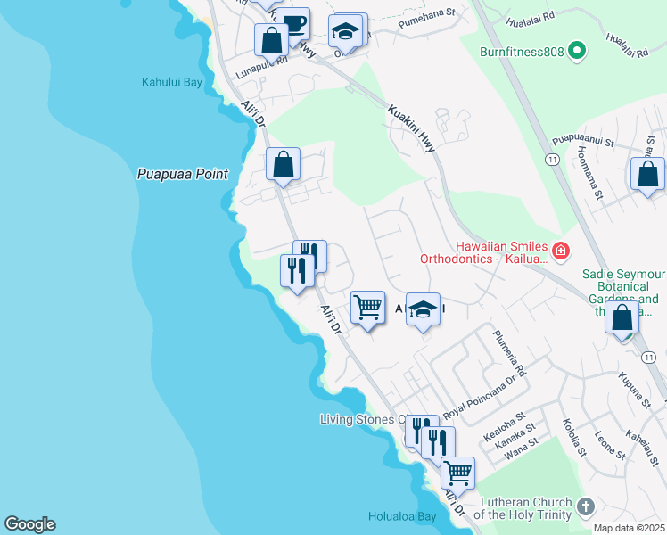 map of restaurants, bars, coffee shops, grocery stores, and more near 756081 Alii Drive in Kailua-Kona