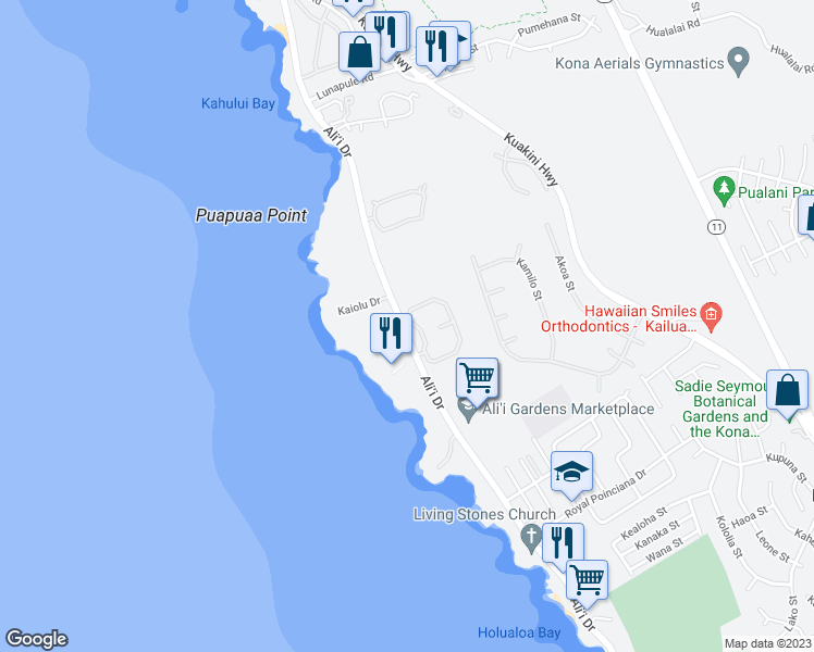 map of restaurants, bars, coffee shops, grocery stores, and more near 75-6082 Ali'i Drive in Kailua-Kona