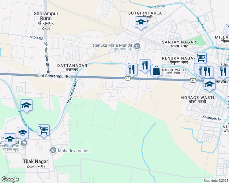map of restaurants, bars, coffee shops, grocery stores, and more near Maharashtra State Highway 44 in Shrirampur