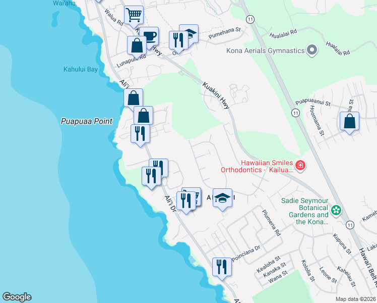 map of restaurants, bars, coffee shops, grocery stores, and more near 75-6118 Nakukui Drive in Kailua-Kona