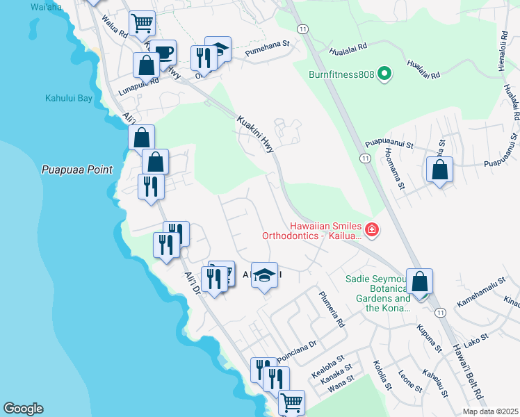 map of restaurants, bars, coffee shops, grocery stores, and more near 75-135 Kamilo Street in Kailua-Kona