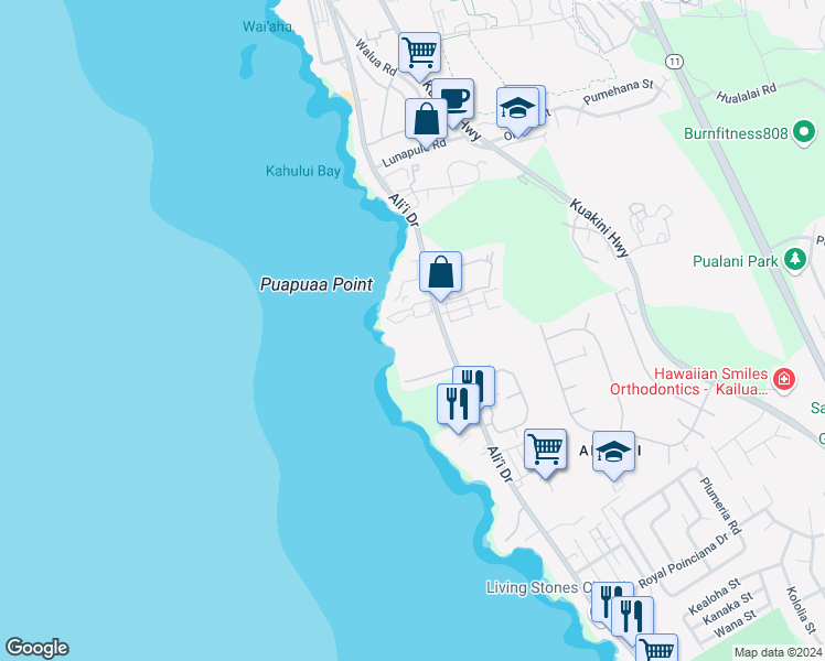 map of restaurants, bars, coffee shops, grocery stores, and more near 75-6026 Alii Drive in Kailua-Kona
