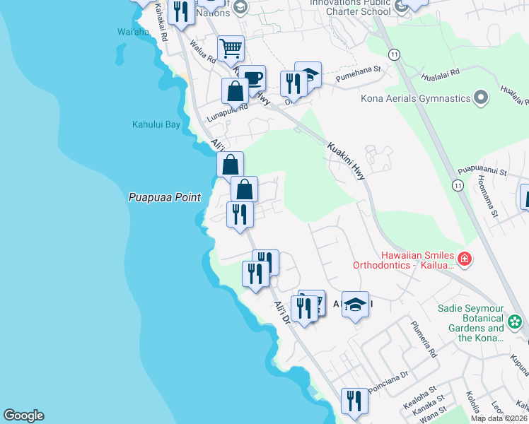 map of restaurants, bars, coffee shops, grocery stores, and more near 6025 Ali‘i Drive in Kailua-Kona