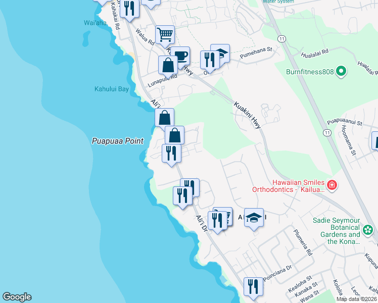 map of restaurants, bars, coffee shops, grocery stores, and more near 6025 Ali‘i Drive in Kailua-Kona