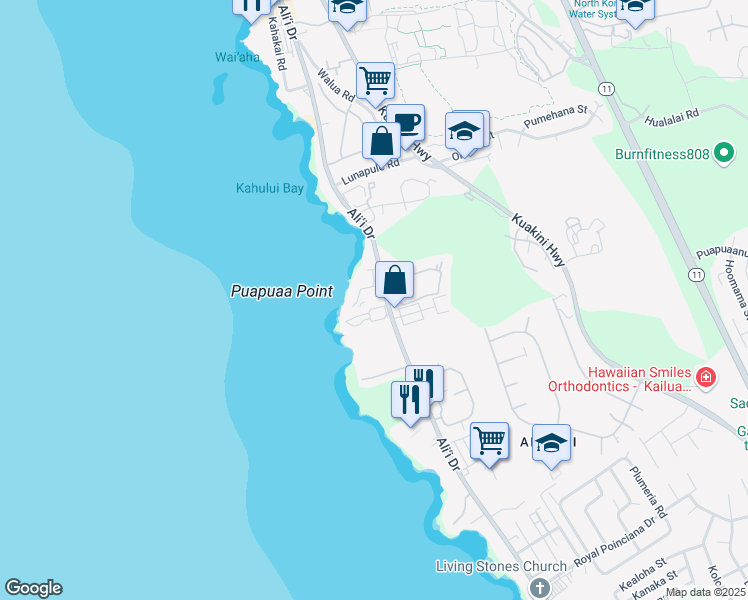 map of restaurants, bars, coffee shops, grocery stores, and more near 75-6008 Ali‘i Drive in Kailua-Kona