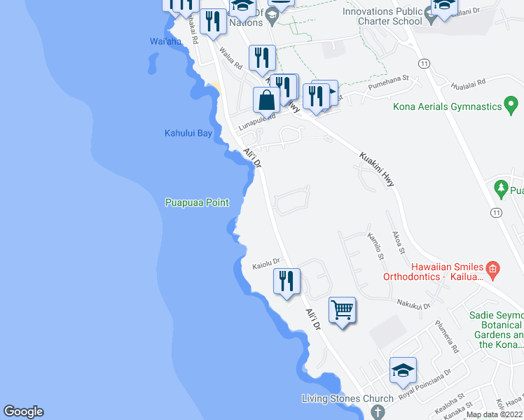 map of restaurants, bars, coffee shops, grocery stores, and more near 75-6008 Ali‘i Drive in Kailua-Kona
