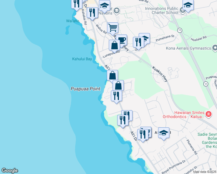 map of restaurants, bars, coffee shops, grocery stores, and more near 75-6002 Ali‘i Drive in Kailua-Kona
