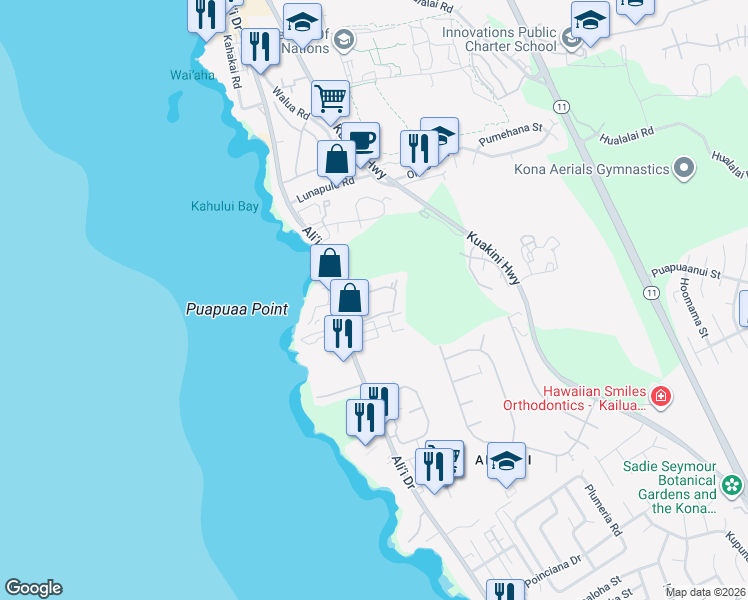 map of restaurants, bars, coffee shops, grocery stores, and more near 6025 Ali‘i Drive in Kailua-Kona