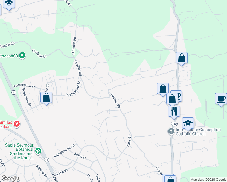 map of restaurants, bars, coffee shops, grocery stores, and more near 76-705 Hua’ai Street in Kailua-Kona