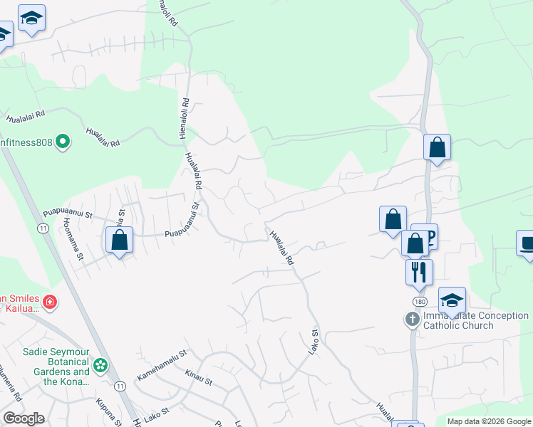 map of restaurants, bars, coffee shops, grocery stores, and more near 76-705 Hua’ai Street in Kailua-Kona