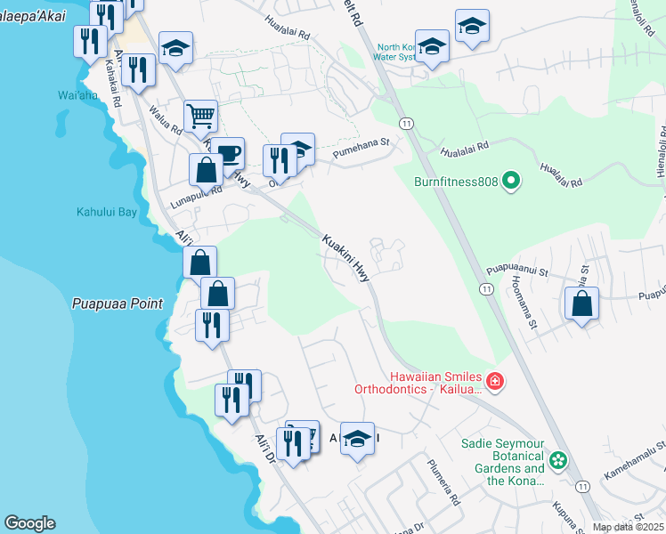 map of restaurants, bars, coffee shops, grocery stores, and more near 75-6060 Kuakini Highway in Kailua-Kona