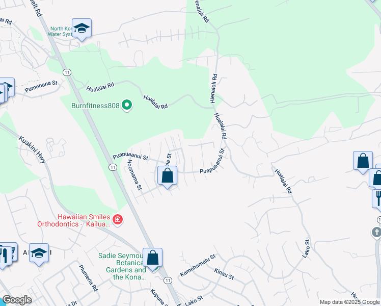 map of restaurants, bars, coffee shops, grocery stores, and more near 75-657 Mea Lanakila Street in Kailua-Kona