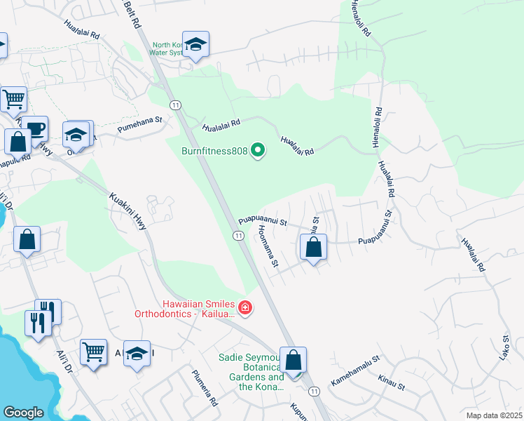 map of restaurants, bars, coffee shops, grocery stores, and more near 75-6092 Hoomama Street in Kailua-Kona
