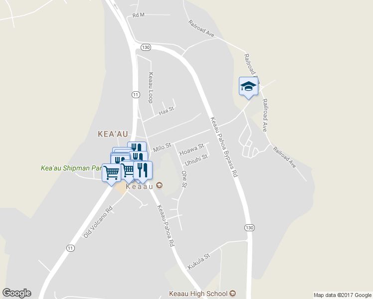 map of restaurants, bars, coffee shops, grocery stores, and more near 16-762 Hoawa Street in Keaau