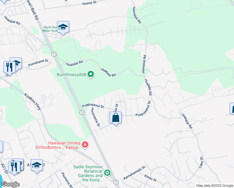 map of restaurants, bars, coffee shops, grocery stores, and more near 75-628 Opikanalani Place in Kailua-Kona