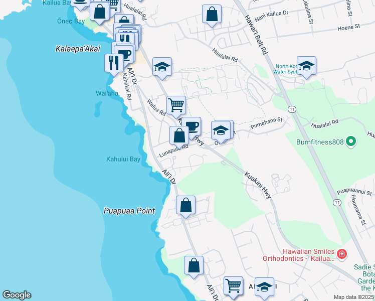 map of restaurants, bars, coffee shops, grocery stores, and more near 75-5961 Ali‘i Drive in Kailua-Kona