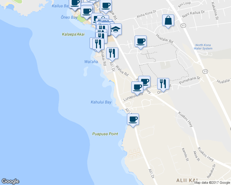 map of restaurants, bars, coffee shops, grocery stores, and more near 75-5914 Ali‘i Drive in Kailua-Kona