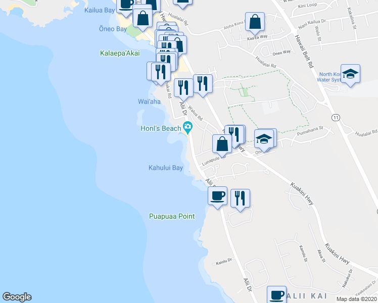 map of restaurants, bars, coffee shops, grocery stores, and more near 75-5914 Ali‘i Drive in Kailua-Kona