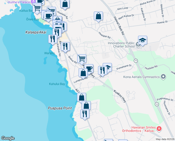 map of restaurants, bars, coffee shops, grocery stores, and more near Kuakini Highway in Kailua-Kona