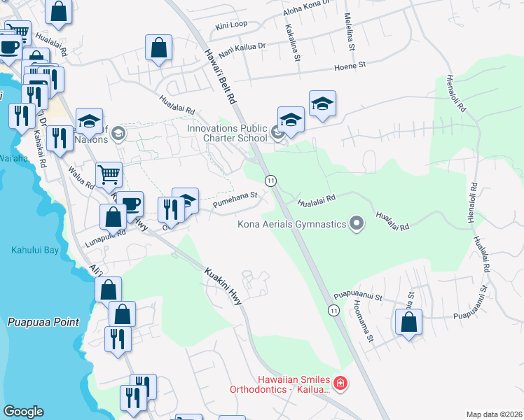 map of restaurants, bars, coffee shops, grocery stores, and more near 75264 A Oni Oni Street in Kailua-Kona
