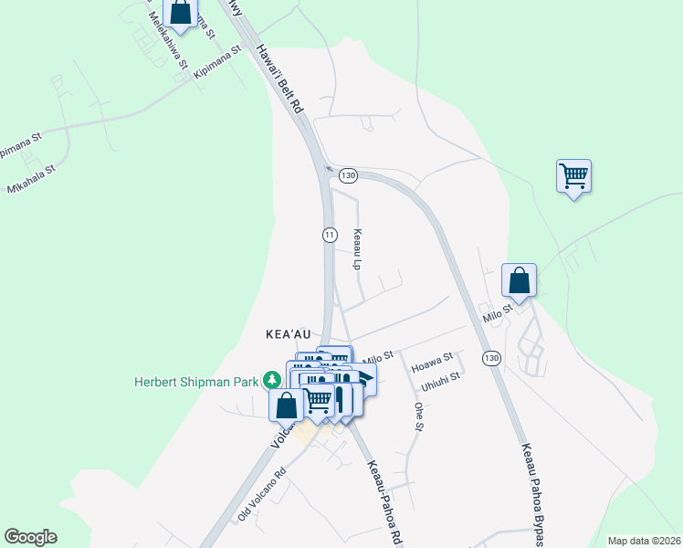 map of restaurants, bars, coffee shops, grocery stores, and more near 16-388 Keaau Loop in Keaau