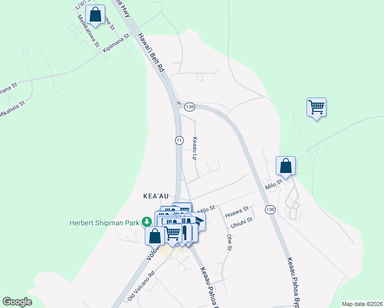 map of restaurants, bars, coffee shops, grocery stores, and more near 16-388 Keaau Loop in Keaau