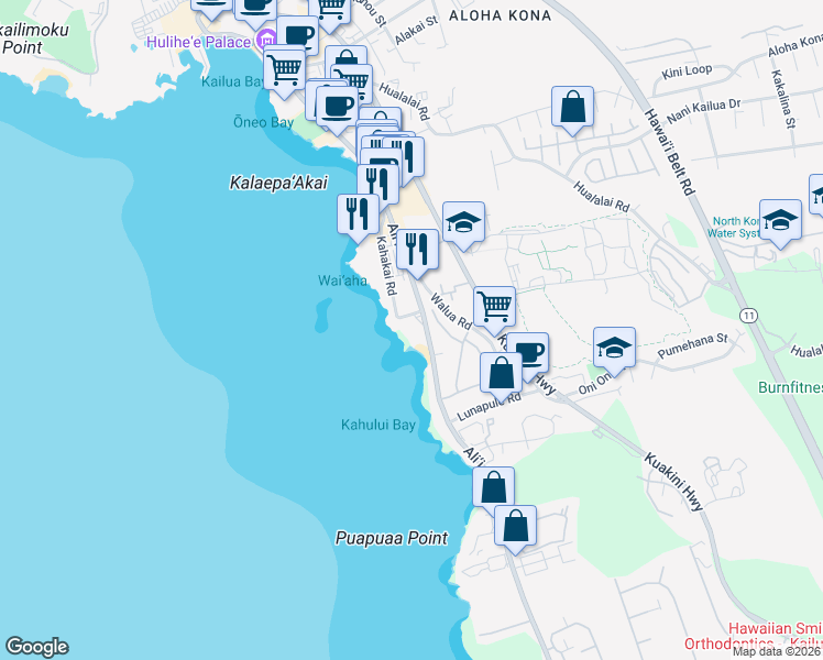 map of restaurants, bars, coffee shops, grocery stores, and more near 75-5888 Ali‘i Drive in Kailua-Kona