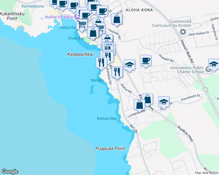 map of restaurants, bars, coffee shops, grocery stores, and more near 75-5870 Kahakai Road in Kailua-Kona