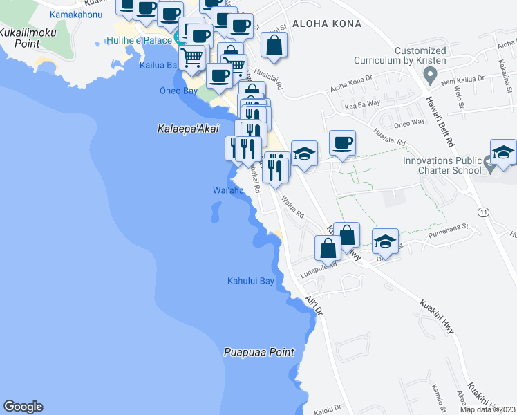 map of restaurants, bars, coffee shops, grocery stores, and more near 75-5870 Kahakai Road in Kailua-Kona