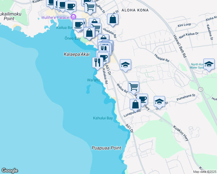 map of restaurants, bars, coffee shops, grocery stores, and more near 75-5870 Kahakai Road in Kailua-Kona